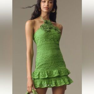 Farm Rio for Anthropologie Crochet Halter Floral Min Green Lace Mini Dress- XS